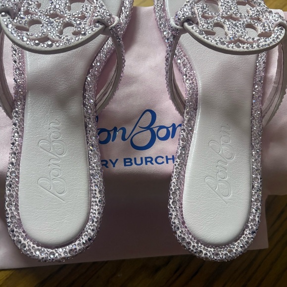 Tory Burch x BonBon Women's Miller Knotted Crystal Suede/Crystal Sandals Pink 10 - Picture 4 of 14